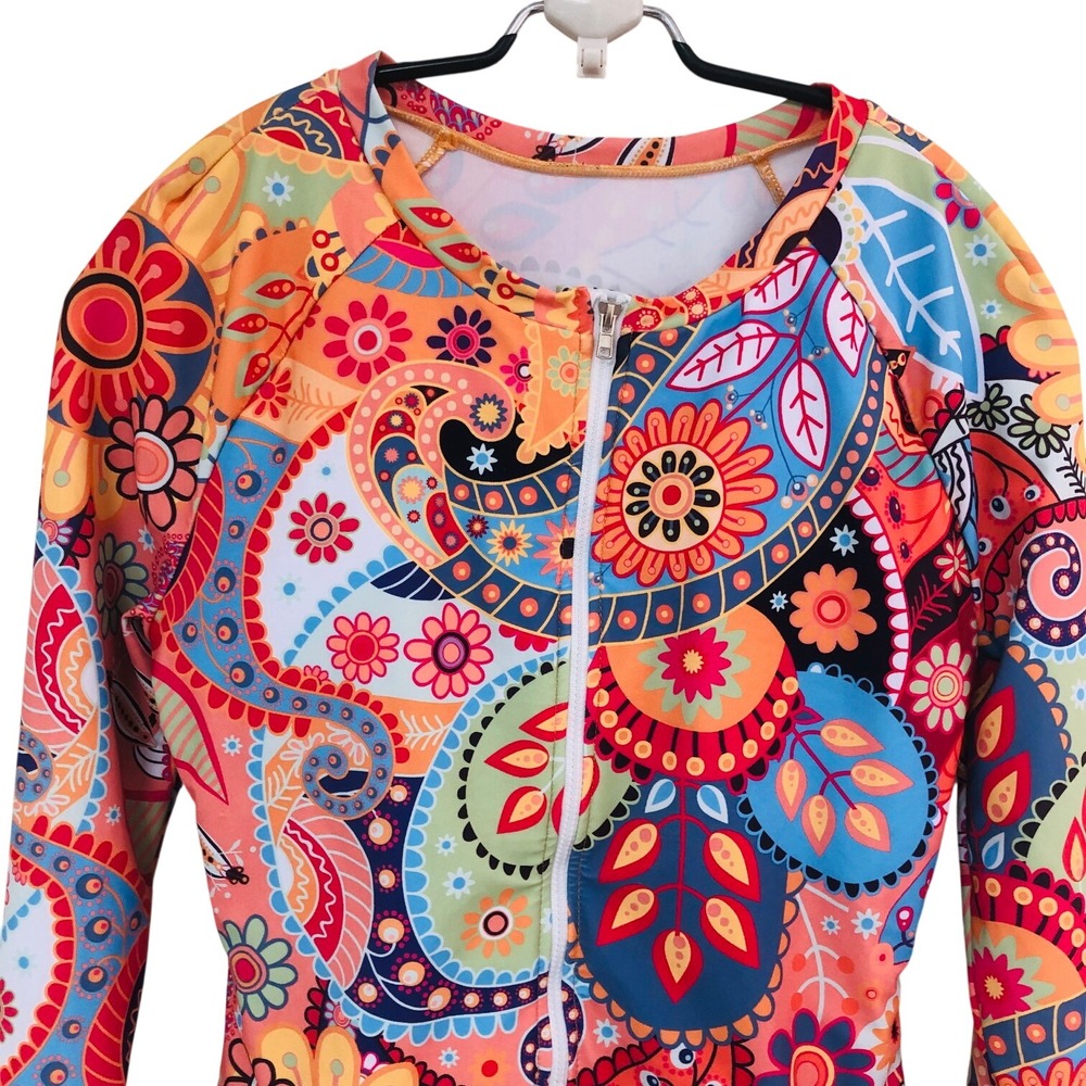 Y2K Rash Guard Swimsuit 1 PC Zip Surf Coral Paisley Beach Vaca Coastal Womens L - Picture 2 of 6